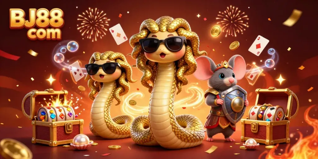 Engage in vibrant gaming excitement at BJ88 com with Medusa, a cartoon warrior mouse, and explosive casino elements.