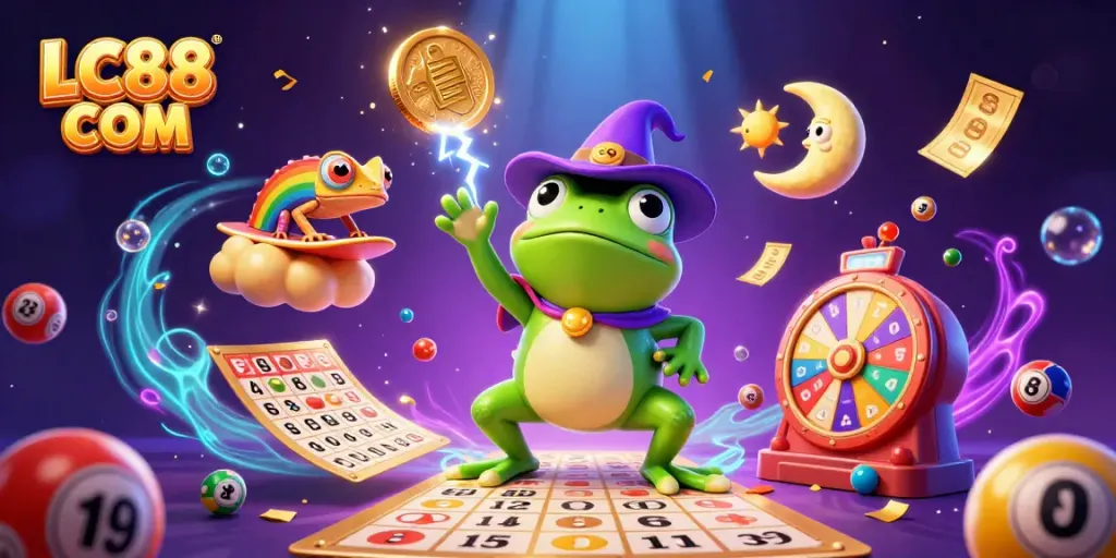 Experience the magic of LC88 COM with 3D characters celebrating wins surrounded by vibrant casino elements.