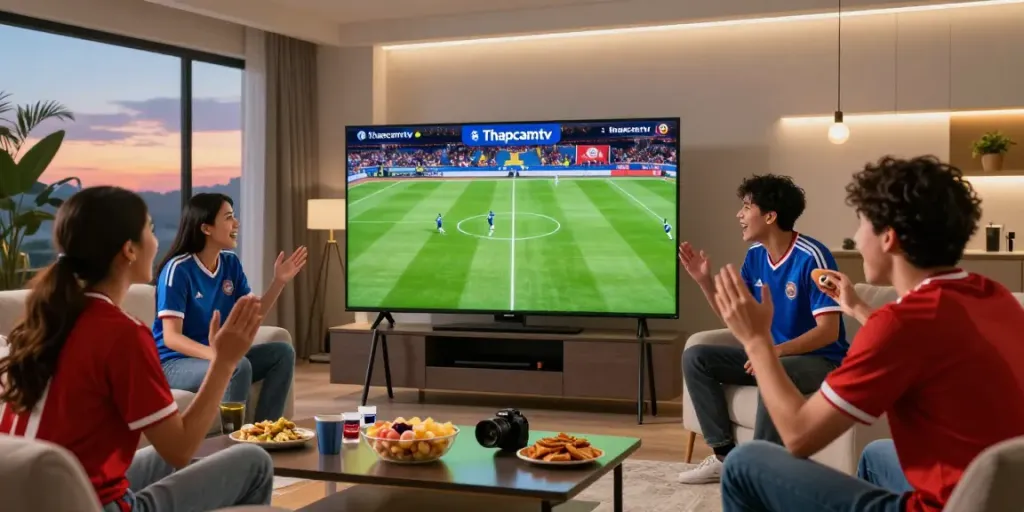 Friends enjoying a live football match on Thapcamtv in a vibrant living room atmosphere.