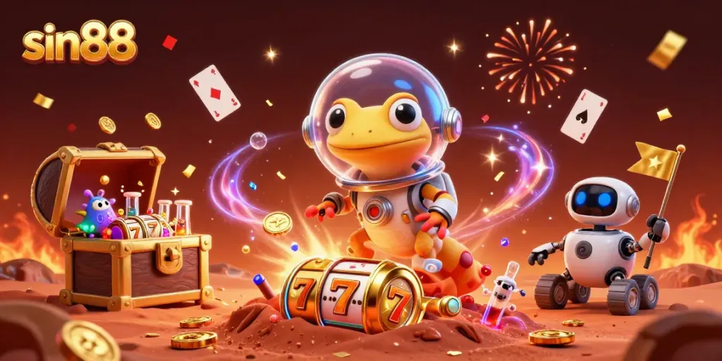 Experience the thrill of winning at sin88 with a vibrant casino scene featuring a Martian gecko and alien elements.