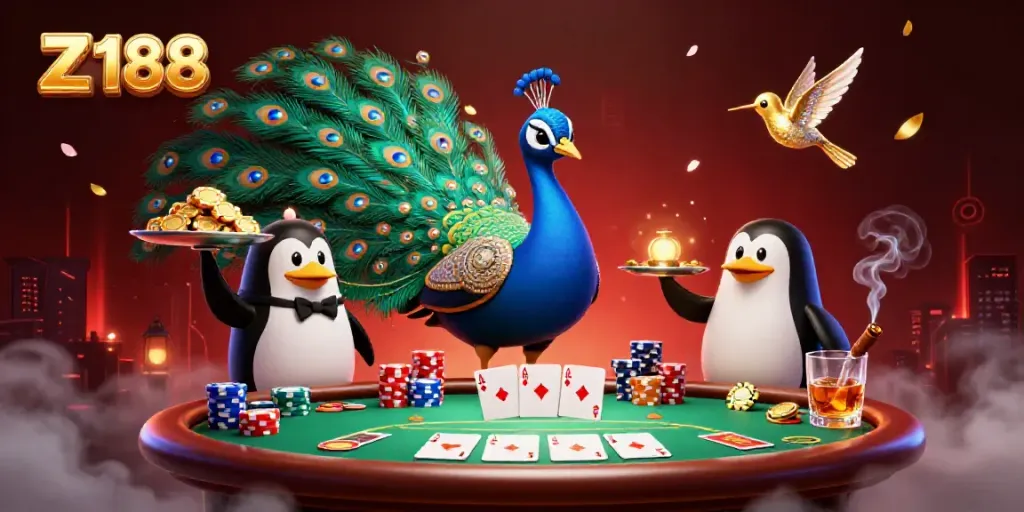 Experience the vibrant atmosphere of Z 188 casino illustrated with a detailed scene of poker action among exotic characters.