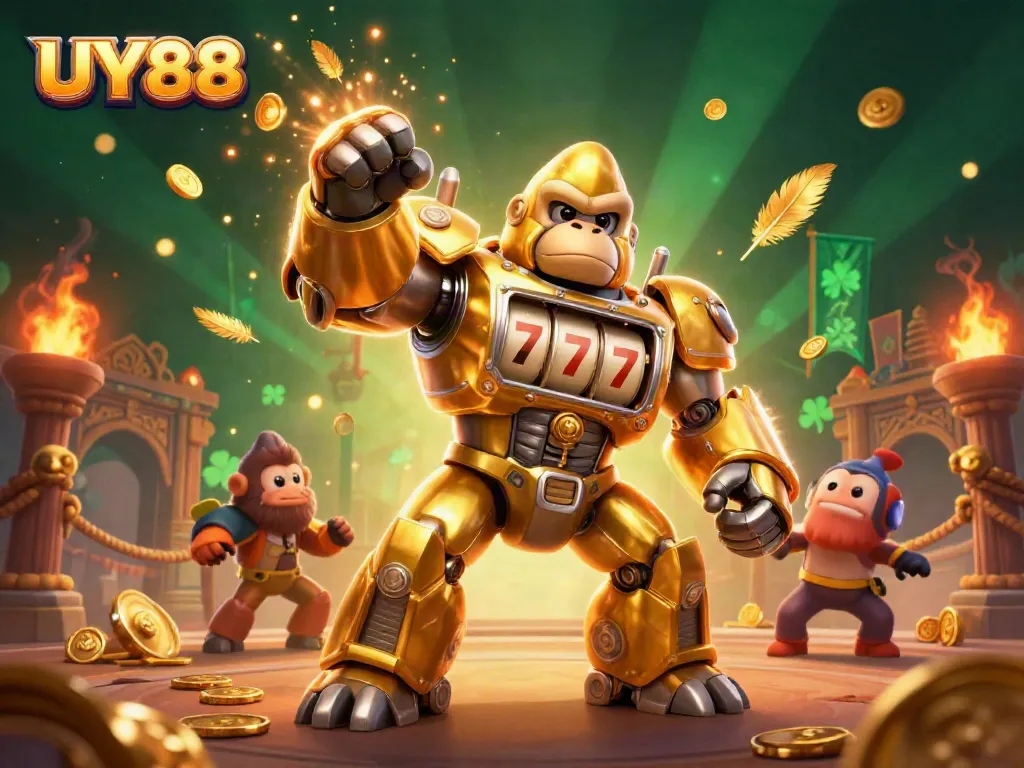 Experience thrilling UY88 gaming with a dynamic golden gorilla mech, surrounded by casino elements.