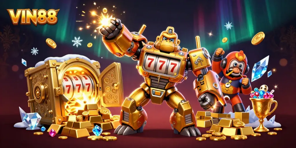 Experience the thrilling world of VIN88 with a dynamic golden gorilla mech amidst treasures.