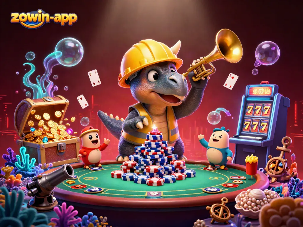 Engage in exciting games with the zowin-app showcasing vibrant casino elements and characters.