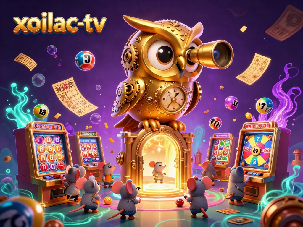 Experience the thrilling action of gambling with xoilac-tv's vibrant 3D illustration featuring a golden owl and animated gaming elements.