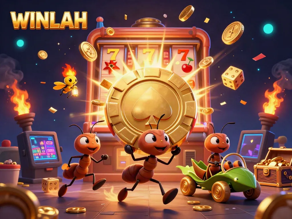 Ants carry a giant poker chip through a vibrant casino heist scene at WINLAH.