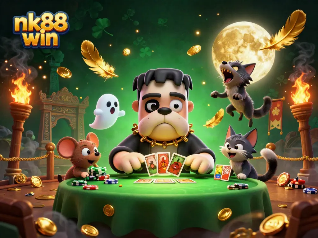 Join the fun at nk88 win with a lively scene of a bulldog dealer and a werewolf kitten in an exciting casino atmosphere.