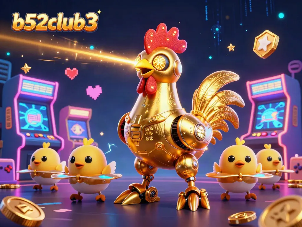 Experience the thrill of gaming with b52club3's vibrant casino universe adorned with a golden rooster robot.