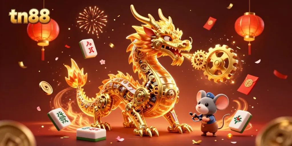 Dynamic scene with tn88 dragon and mouse engineer amidst vibrant casino elements.