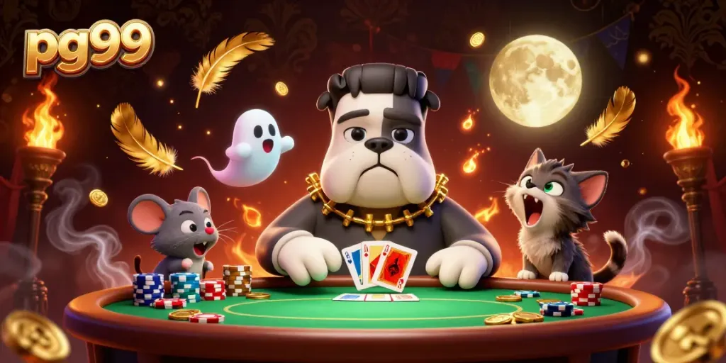 Engage in thrilling plays with pg99 where a Frankenstein bulldog deals cards at a vibrant casino backdrop.