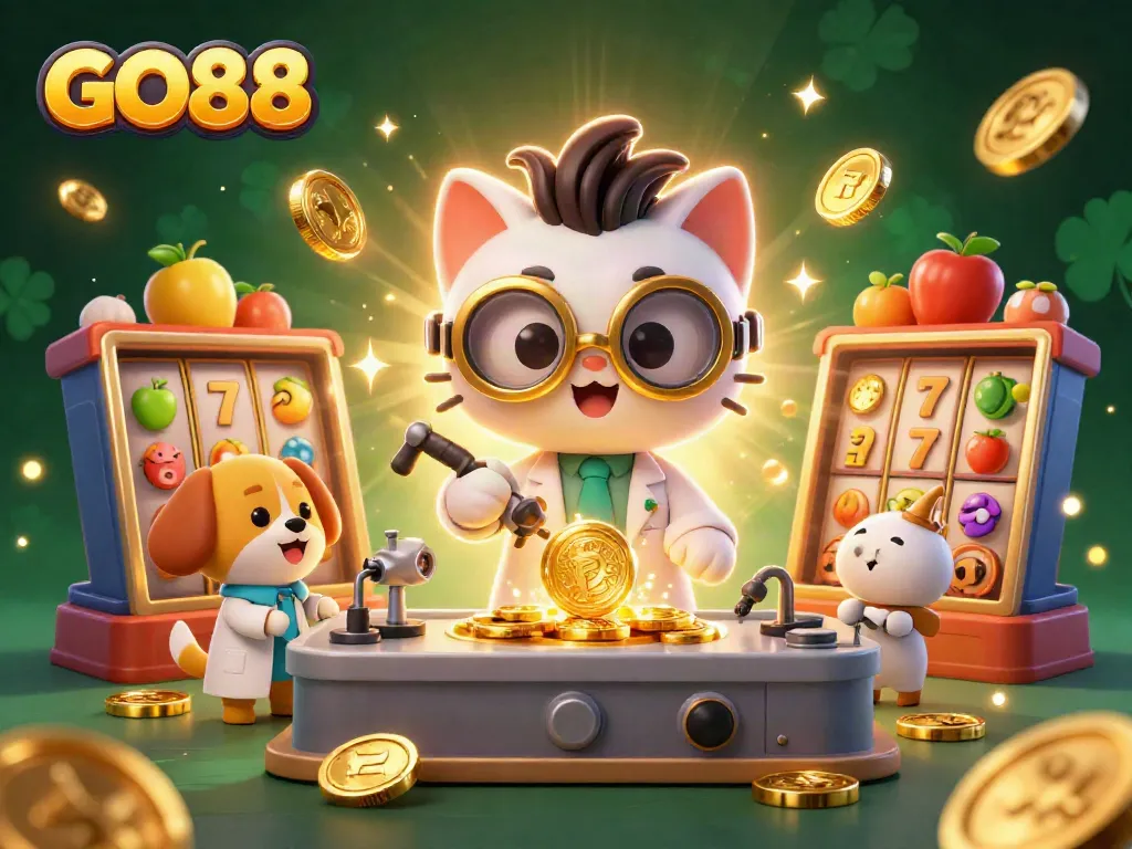 Experience GO88's vibrant slot games and jackpots with a 3D cartoon illustration of a mad scientist cat and assistant.