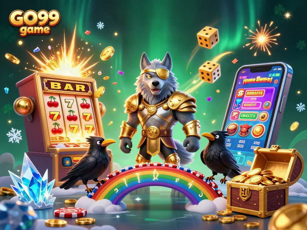 Engage in the thrilling GO99 game experience with colorful slot elements and a mystical backdrop.