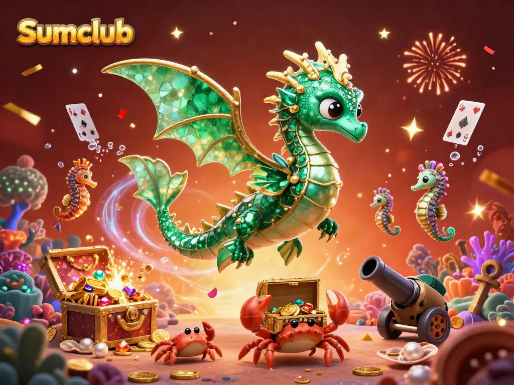 Experience the opulence of Sumclub in this vibrant 3D casino scene, featuring a majestic sea dragon, golden treasures, and playful gaming elements.