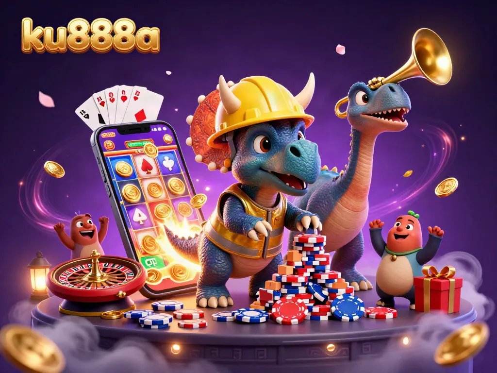 ku888a showcases a triumphant triceratops building a poker chip pyramid amidst vibrant casino elements