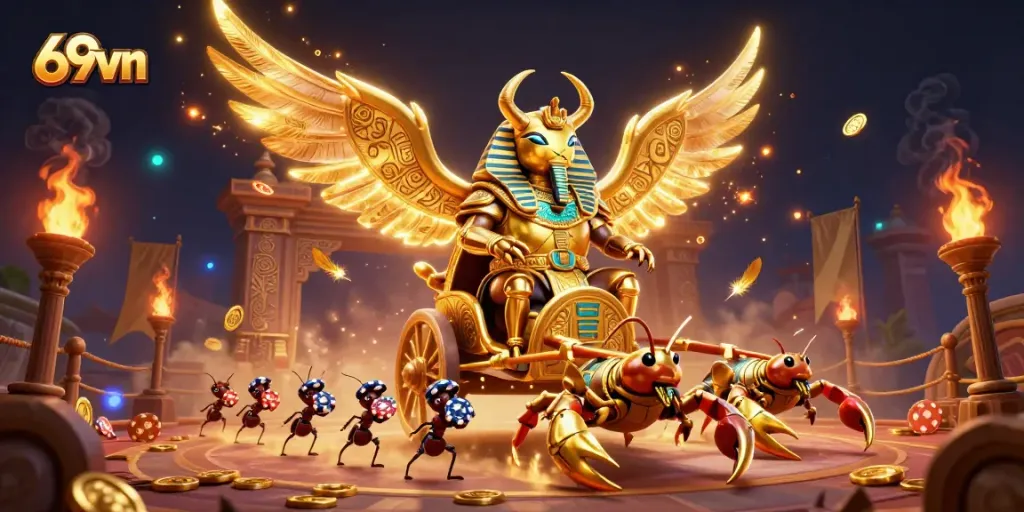 Experience thrilling wins with 69vn's vibrant casino games featuring golden scarab beetles and poker chips.