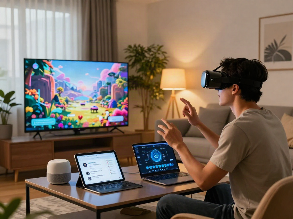 Couple using AI 18+ virtual reality setup in a modern living room.
