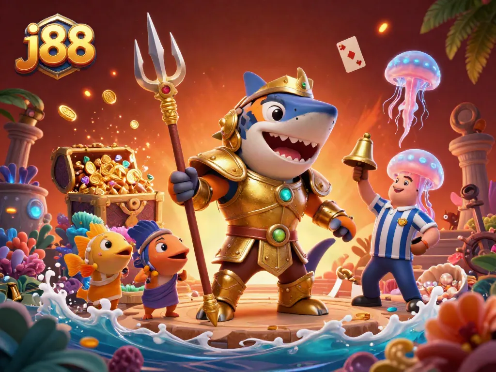 Experience the excitement with j88 in a vibrant underwater casino scene featuring a shark and treasure.