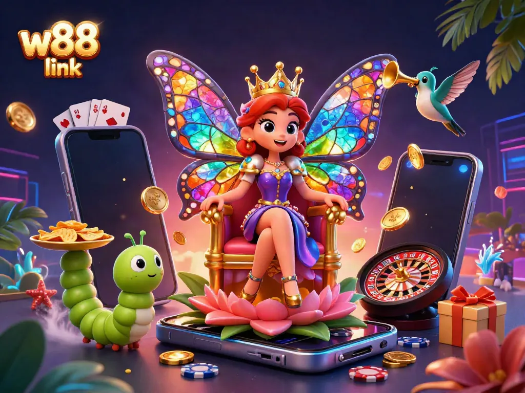 Engage in vibrant gaming thrills with the w88 link, highlighted by a butterfly queen, slot games, and casino elements.