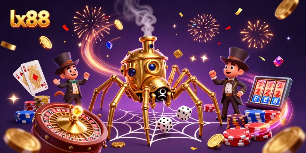Engage in exciting gameplay at lx88, featuring dazzling gold coins, vibrant roulette wheel, and rich casino elements.