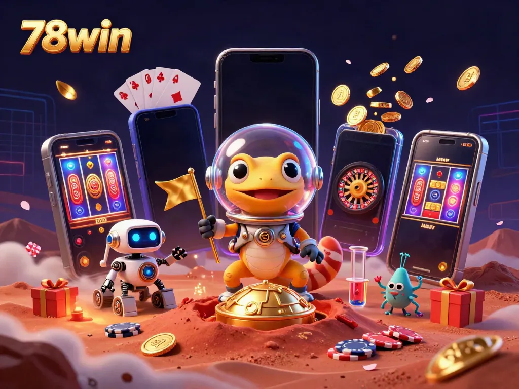 Explore the vibrant 78win casino world with an imaginative Martian scene featuring golden slots, cheering aliens, and a robotic rover.