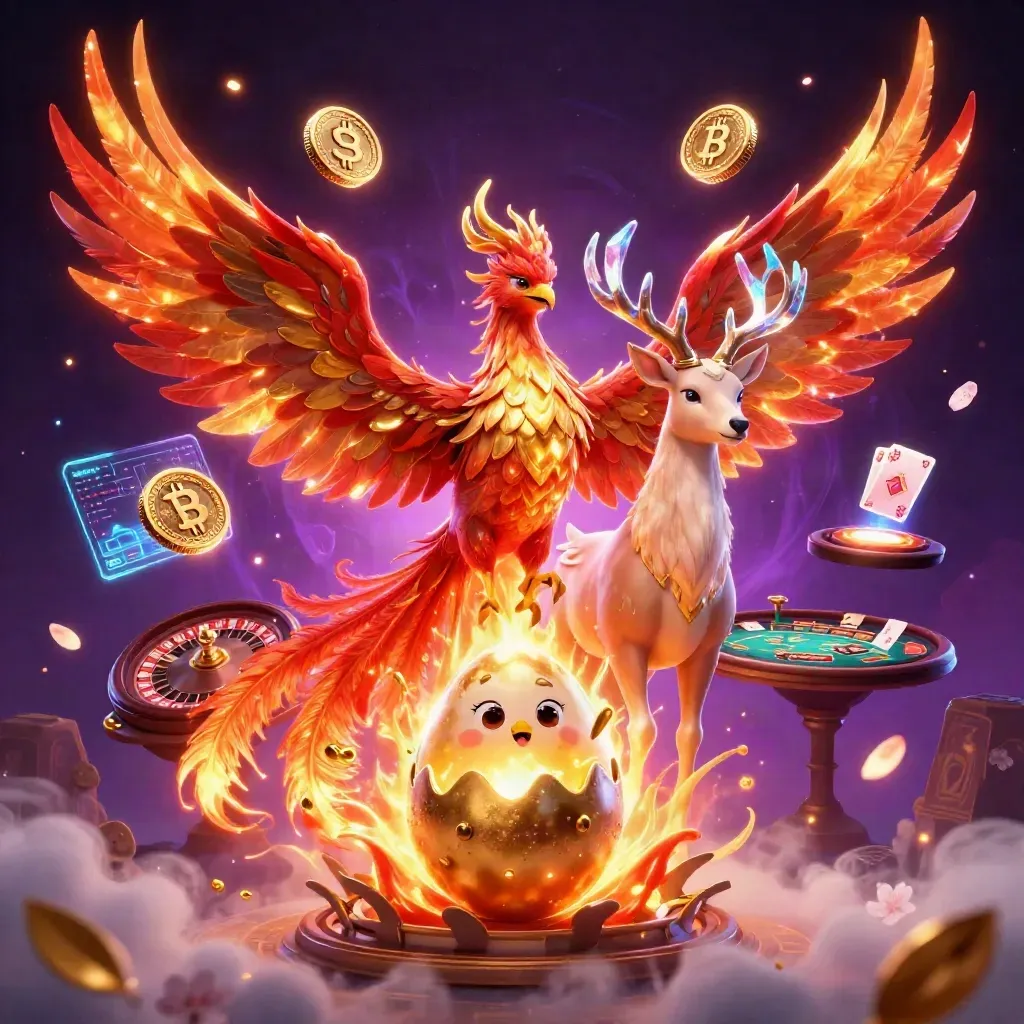 Phoenix, hatching baby phoenix, and crystal stag amid casino magic, coins, and neon light.