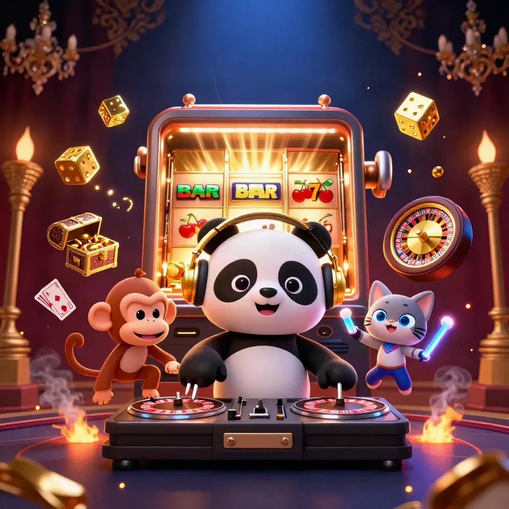 DJ panda, dancing monkey and glow-stick kitten amid casino burst, gold rays and damask backdrop