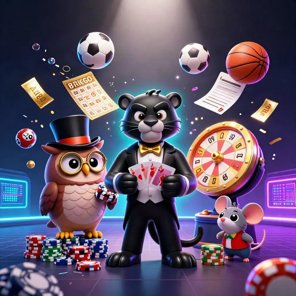 Panther dealer, owl and mouse amid flying chips, balls and neon casino light