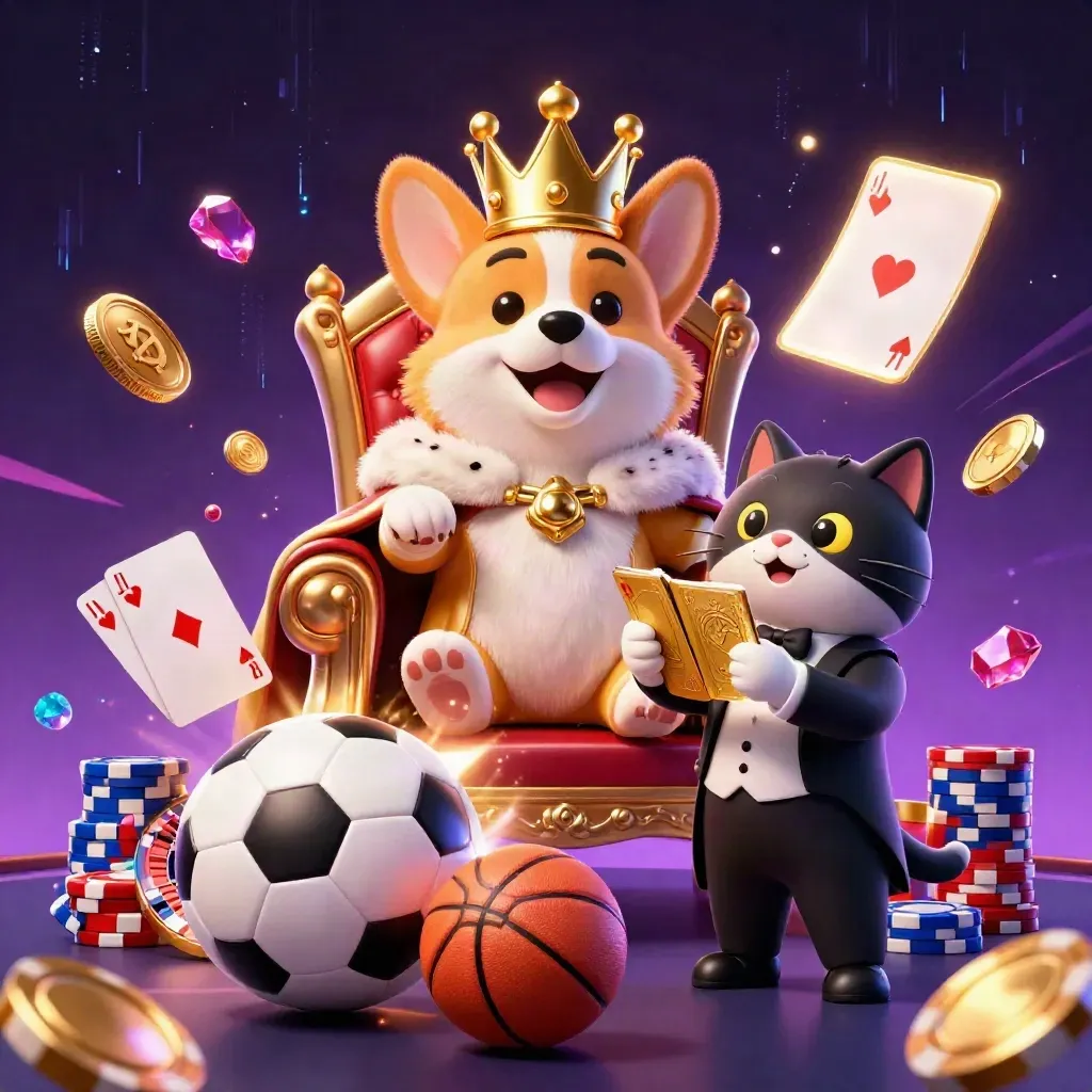 Crowned corgi and cat butler amid casino chips, coins, balls, and neon cosmic effects