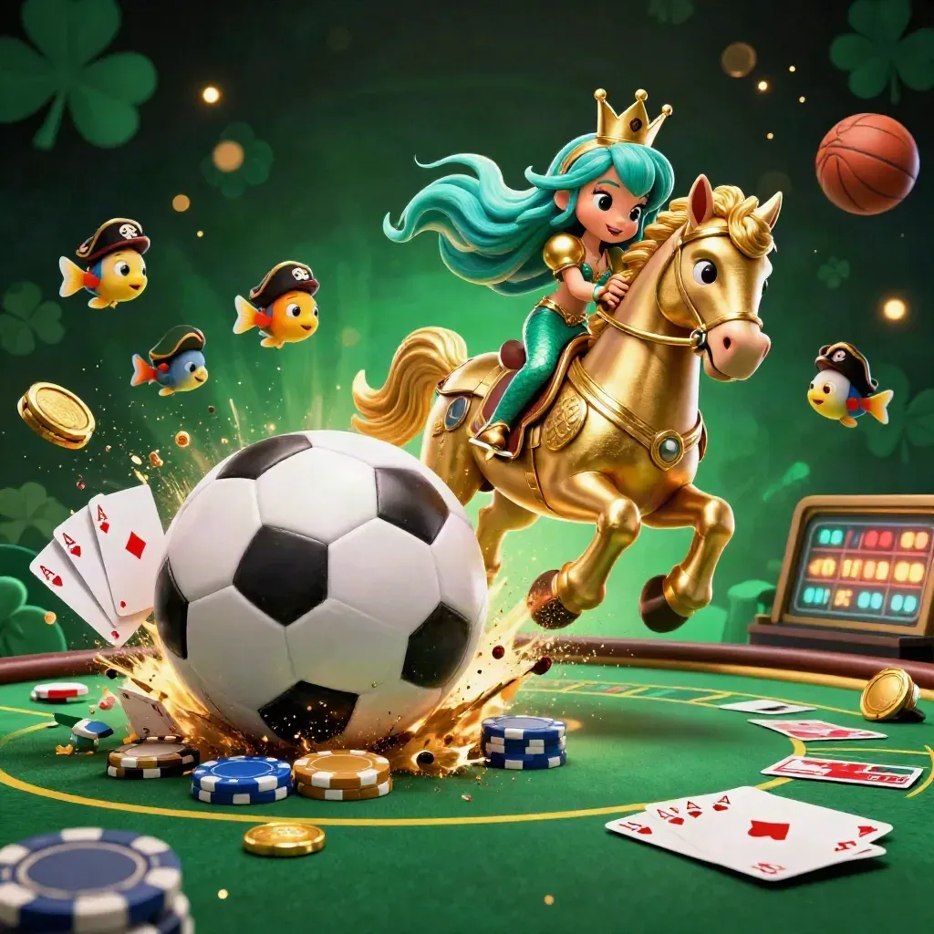 Mermaid princess on armored seahorse amid a soccer strike, poker chips, gold sparkles, emerald casino glow