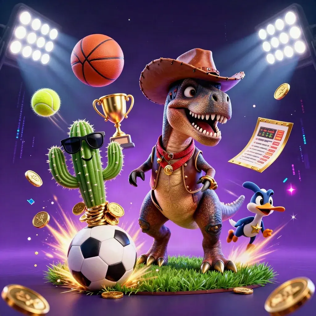 Cowboy T-Rex, cactus sidekick and roadrunner amid flying sports balls and casino gold.