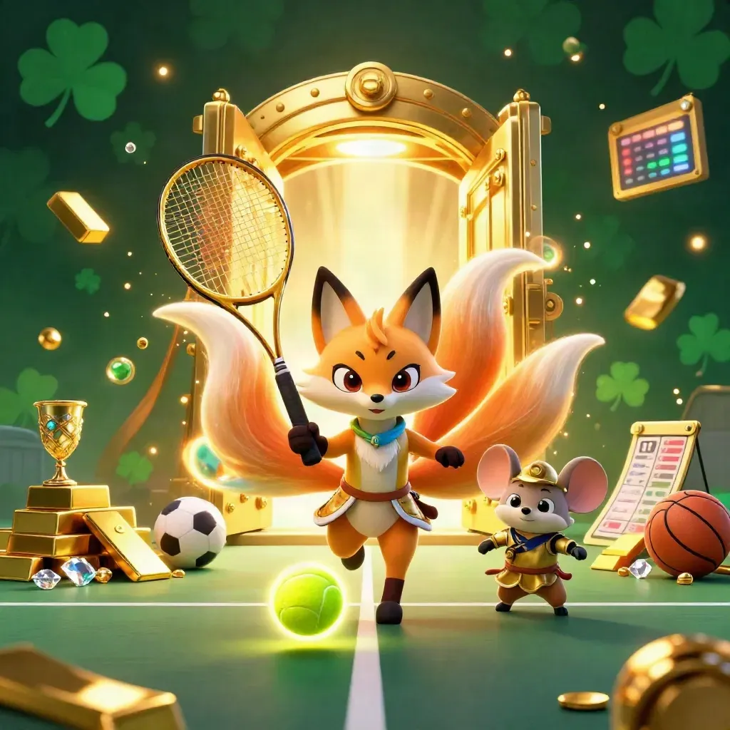Neon fox spirit and samurai mouse amid tennis, vault gold, and casino lights.