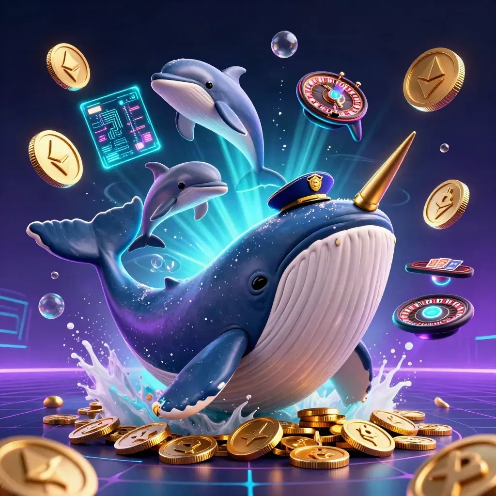 Whale, narwhal, and dolphins in a neon coin sea with casino lights and a spinning roulette wheel.
