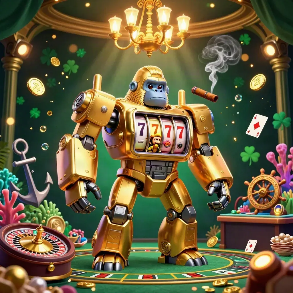 Golden gorilla mech with monkey pilot amid casino treasure, cards, coral, and glowing lights.