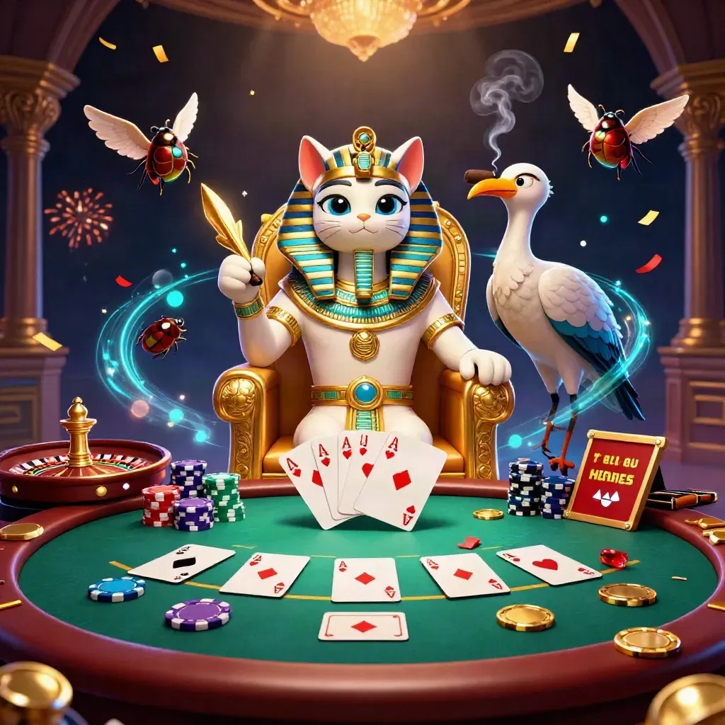 Pharaoh cat and ibis scribe on a throne amid casino cards, chips, roulette glow, and magical blue effects.