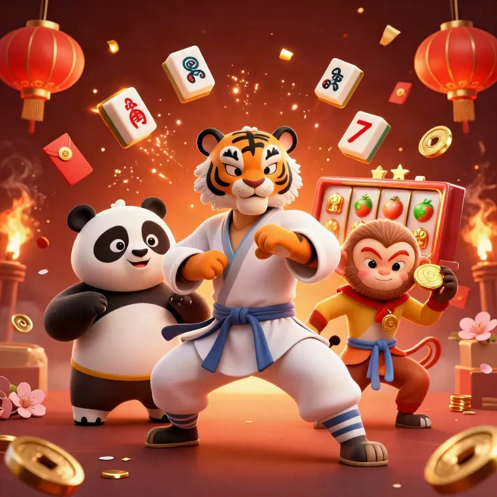 Kung-fu tiger, panda, and monkey amid casino treasure, lanterns, coins, and glowing slot icons.