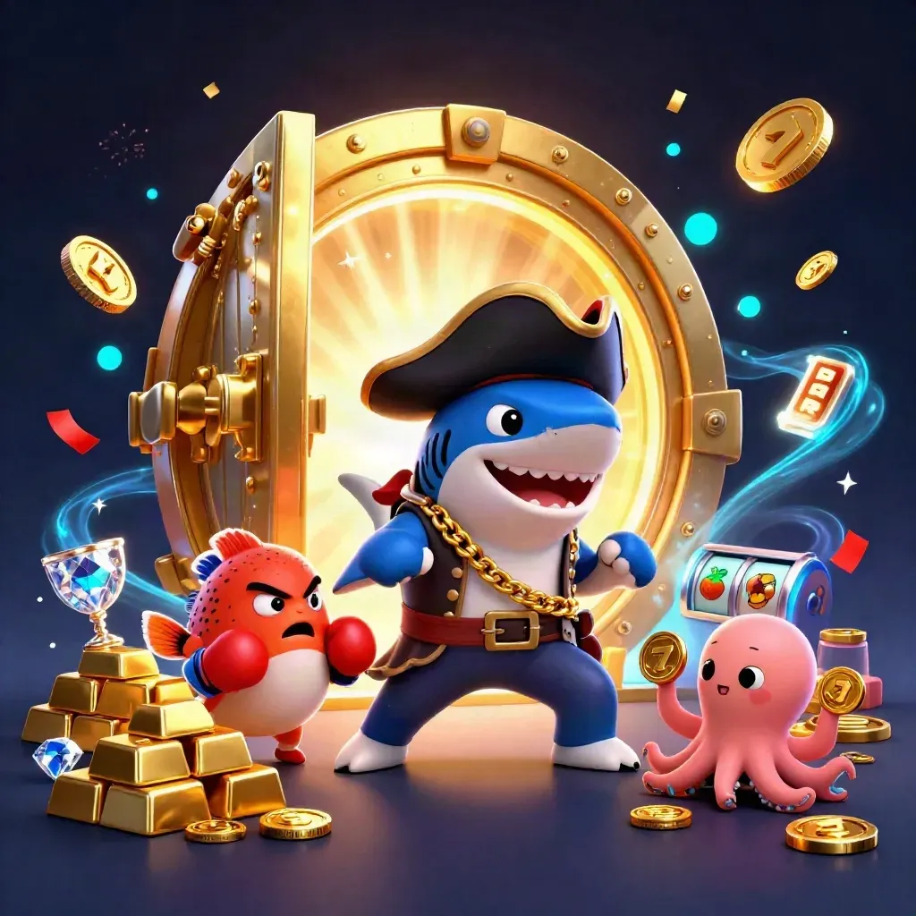 Pirate shark, boxing pufferfish, and juggling octopus amid treasure burst and neon casino glow.