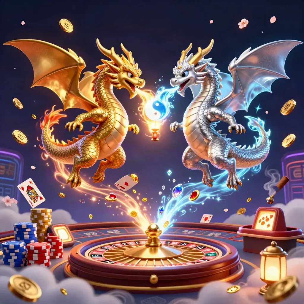 Gold and silver cartoon dragons spiral in a casino glow with coins, gems, cards, wheel, and lantern spirit.