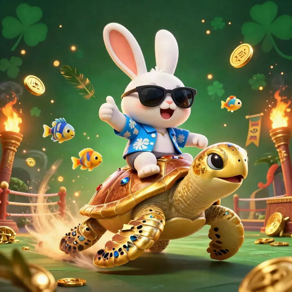 Lucky rabbit rides a golden sea turtle amid coins, embers, temple gates, and tropical fish.