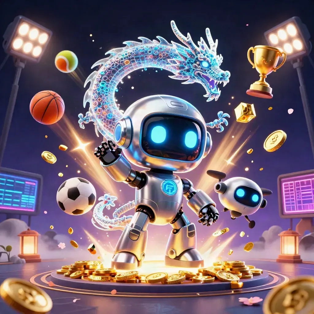Chrome robot, holographic dragon, and coin drone amid flying balls, gold, and casino lights