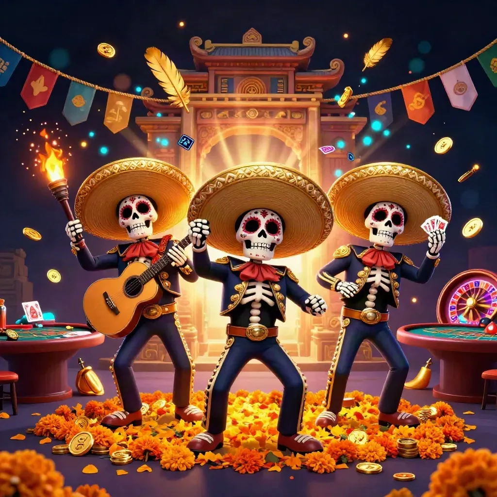 Three festive skeleton mariachi heroes with casino coins, cards, roulette wheel, and glowing lights.