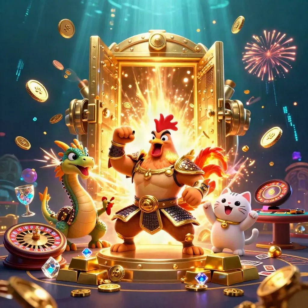 Rooster warrior, dragon hatchling, and fortune-cat amid exploding vault riches, coins, fireworks, and casino props.