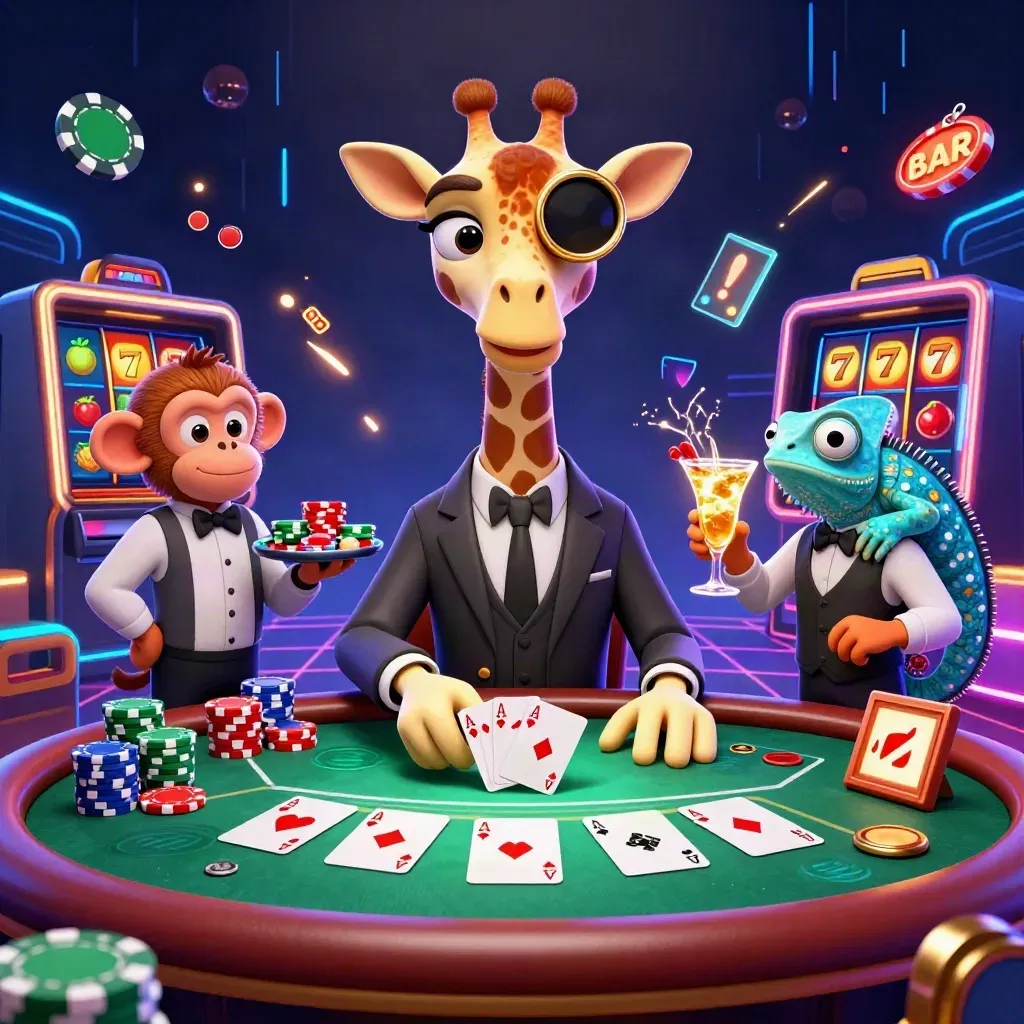 Cartoon giraffe, monkey and chameleon at a neon poker table with chips, cards and casino effects