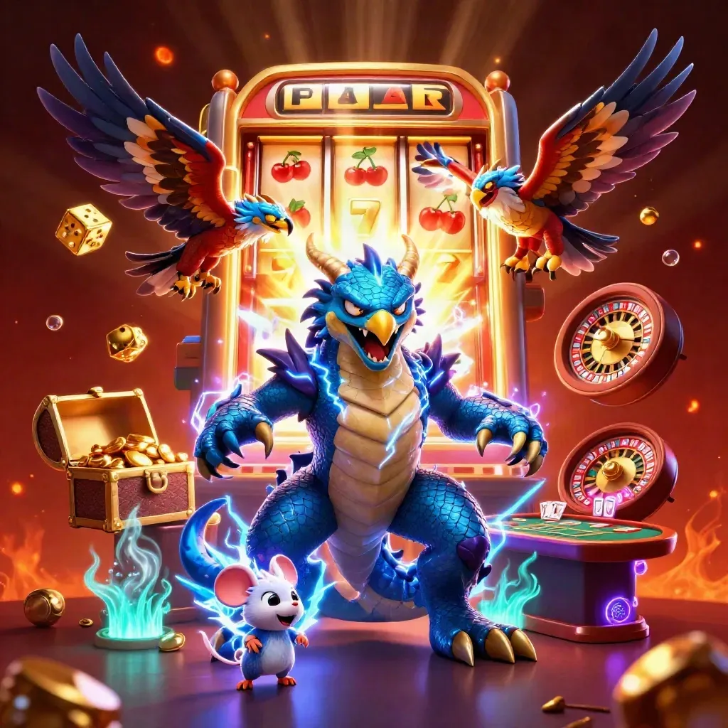 Dragon, hawk, and mouse amid casino gold, slot machine, roulette, cards, and fiery glowing effects.