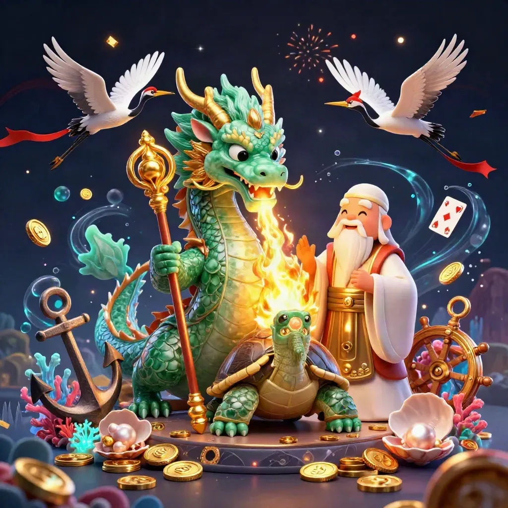 Emerald dragon, turtle sage, and cranes in a treasure cove with gold fire and casino relics.