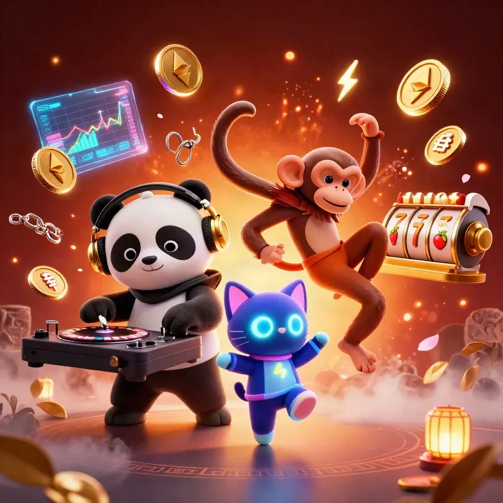 DJ panda, breakdancing monkey, and rave kitten amid casino coins, reels, lightning, and ember glow
