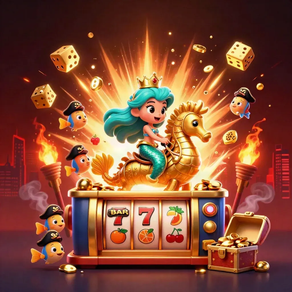 Mermaid princess on armored seahorse amid casino treasure, slot reels, and pirate fish