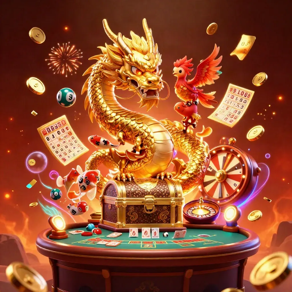 Golden dragon, phoenix and koi exploding with casino prizes, fireworks and neon glow.