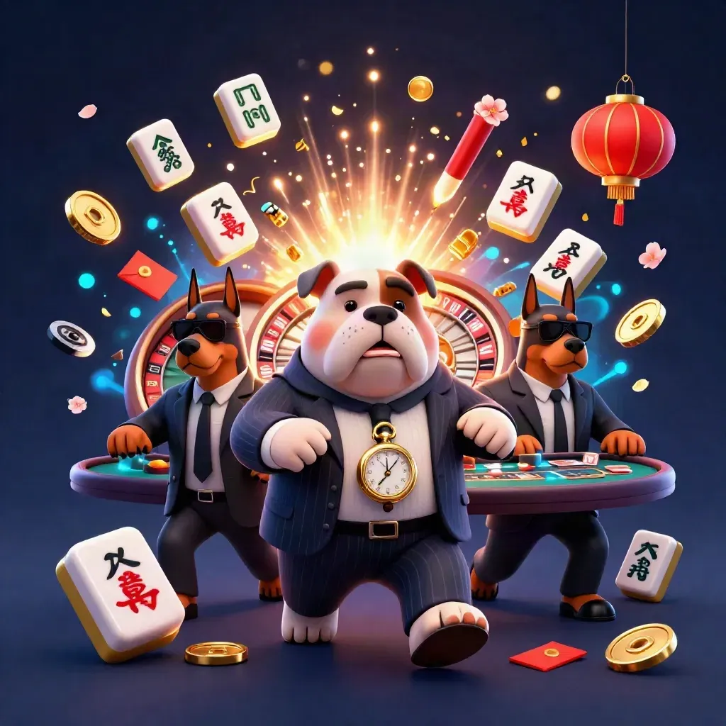 Bulldog boss and two Doberman guards amid casino riches, fireworks, and gold coins