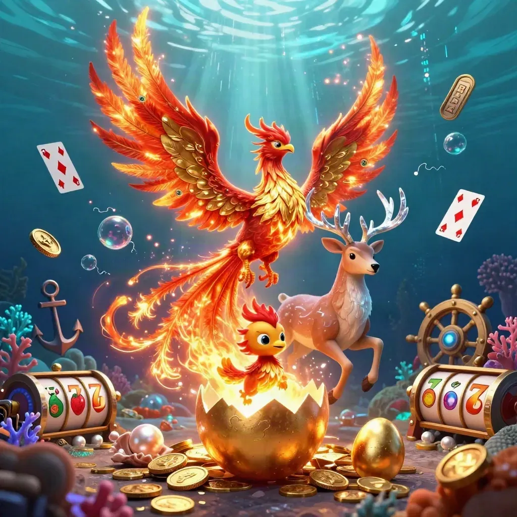 Phoenix, baby phoenix, and crystal-antlered stag over a treasure cove with casino symbols.
