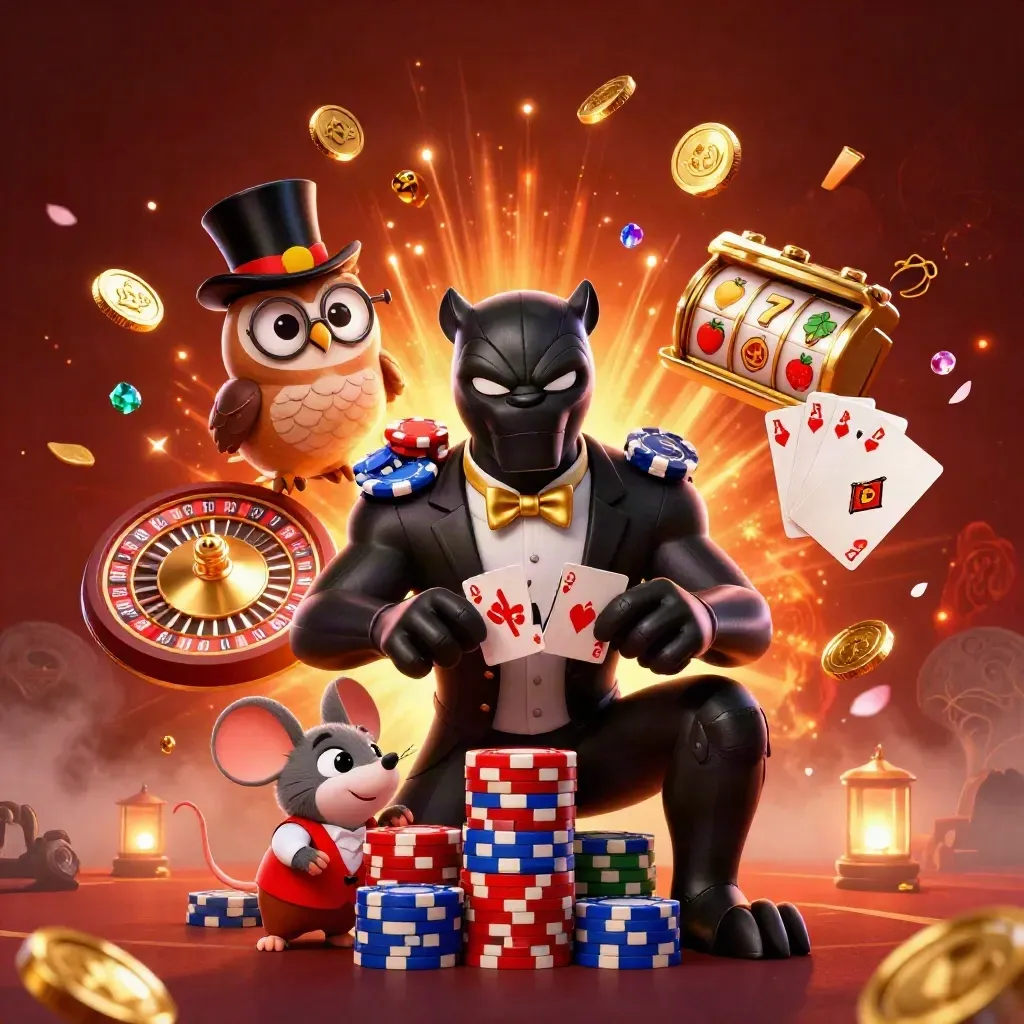 Tuxedoed black panther, owl, and mouse amid chips, cards, reels, and glowing casino magic.